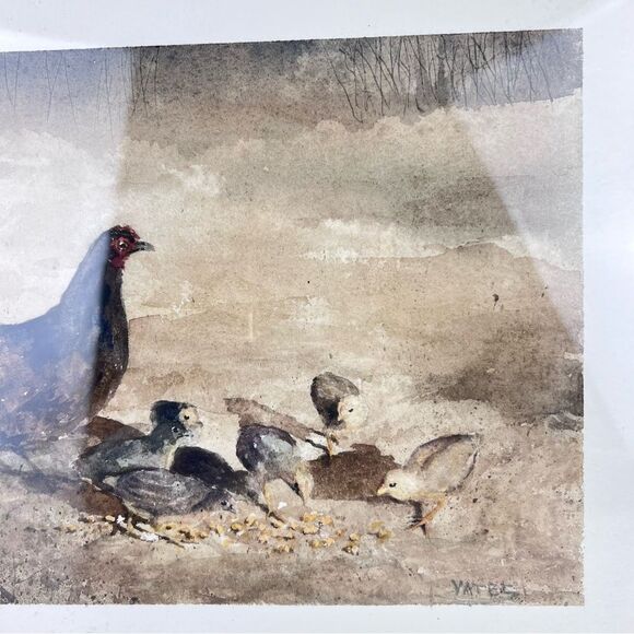 DENNIS T. YATES WATERCOLOR ON PAPER CHICKEN WITH CHICKS PAINTING - Picture 5 of 10